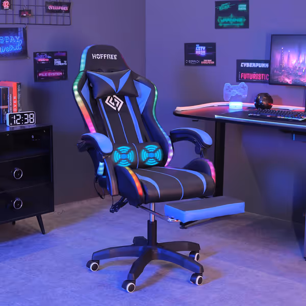 HOFFREE Gaming Chair with LED RGB Lights, Massage, and Footrest